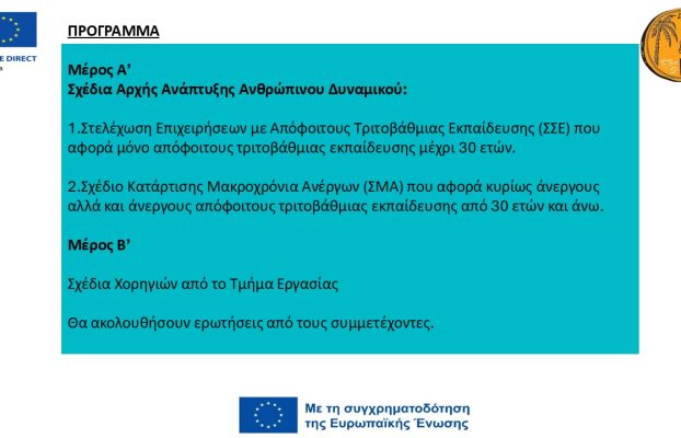 Πρόσκληση – Παρουσίαση Σχεδίων Χορηγιών για Ανέργους και των Σχεδίων Παροχής Κινήτρων για την Πρόσληψη τους